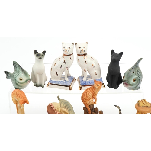 1400 - Collection of porcelain and resin model cats and fish including a pair of Staffordshire Ware seated ... 