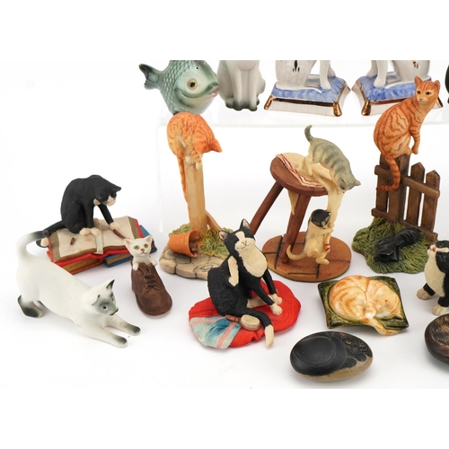 1400 - Collection of porcelain and resin model cats and fish including a pair of Staffordshire Ware seated ... 