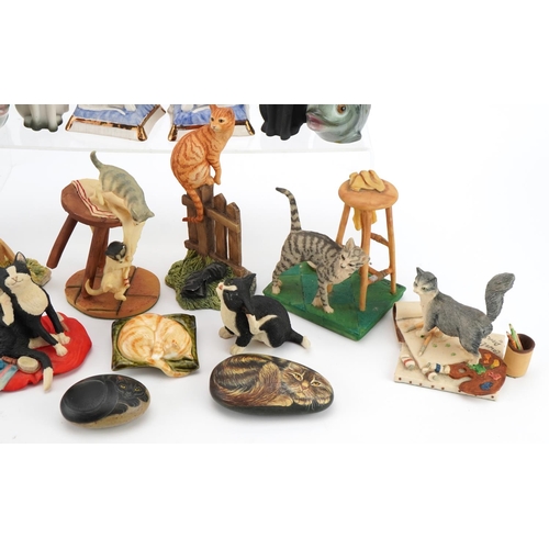 1400 - Collection of porcelain and resin model cats and fish including a pair of Staffordshire Ware seated ... 