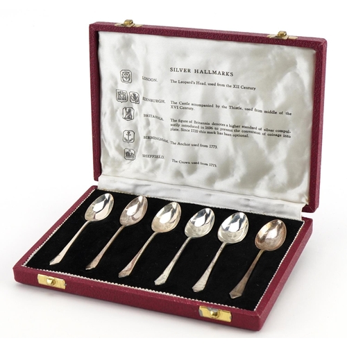 1844 - Set of six cased silver teaspoons with various hallmarks, each 9cm in length, total 38.7g