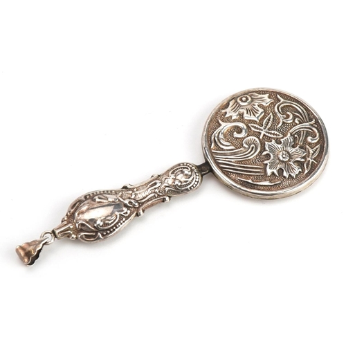 1862 - Silver chatelaine mirror embossed with flowers, 10.5cm in length, total 20.7g