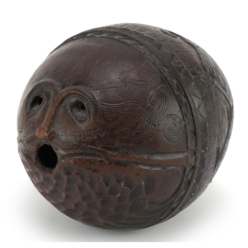 489 - Antique coconut shell carved in the form of a bearded man inscribed Jane En Guin Martin EnGuin, 12.5... 