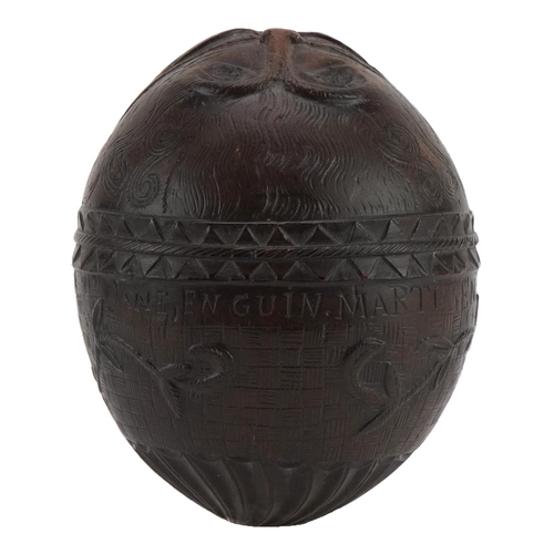 489 - Antique coconut shell carved in the form of a bearded man inscribed Jane En Guin Martin EnGuin, 12.5... 