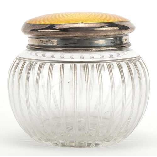 1852 - George V globular cut glass jar with silver and guilloche enamel lid, indistinct maker's mark Birmin... 