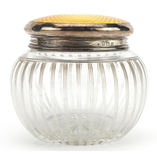 1852 - George V globular cut glass jar with silver and guilloche enamel lid, indistinct maker's mark Birmin... 