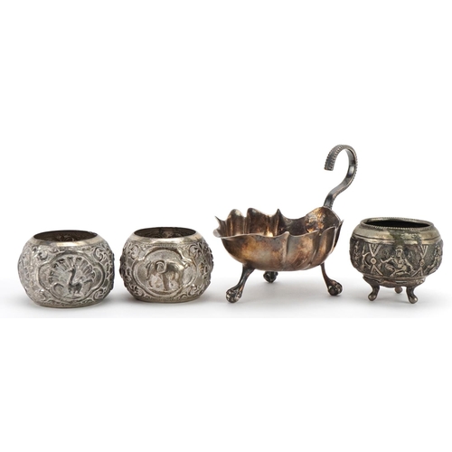 1877 - *WITHDRAWN* Antique silver three footed sauce boat, Indian white metal open salt and two white metal... 