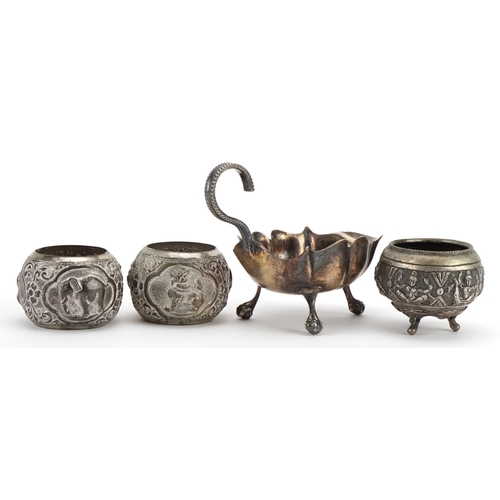 1877 - *WITHDRAWN* Antique silver three footed sauce boat, Indian white metal open salt and two white metal... 