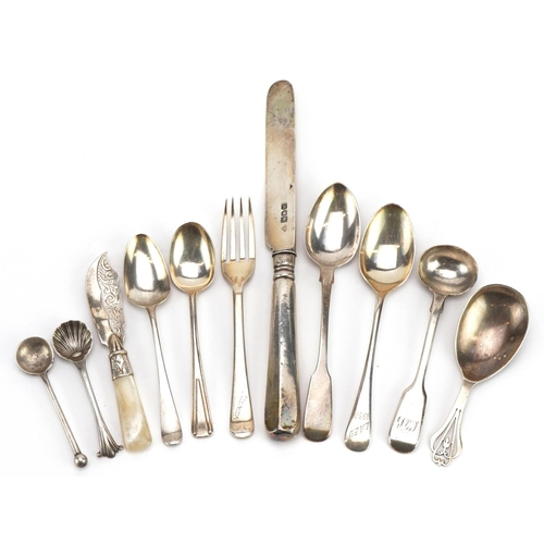 1841 - Georgian and later silver cutlery including caddy spoon, mustard spoons and teaspoons, the largest 2... 