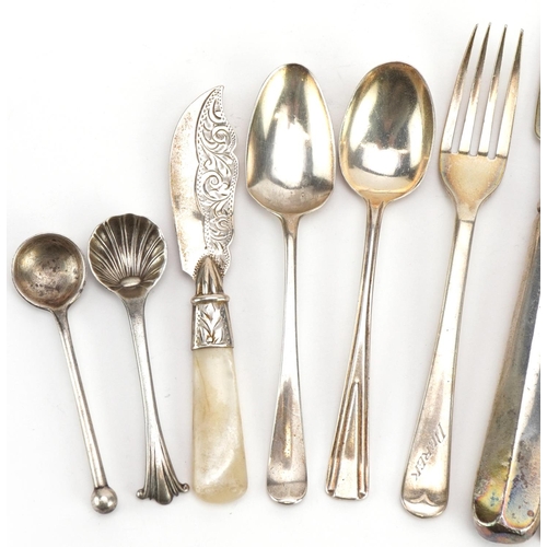 1841 - Georgian and later silver cutlery including caddy spoon, mustard spoons and teaspoons, the largest 2... 