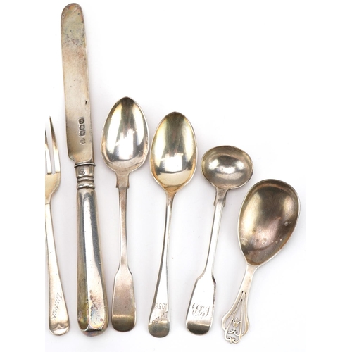 1841 - Georgian and later silver cutlery including caddy spoon, mustard spoons and teaspoons, the largest 2... 