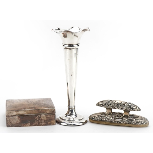 1855 - Silver objects comprising square cigarette case, trumpet bud vase and silver mounted ink blotter, th... 