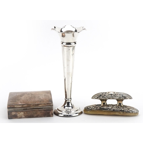 1855 - Silver objects comprising square cigarette case, trumpet bud vase and silver mounted ink blotter, th... 