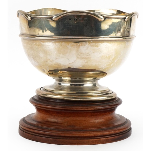 1805 - A & J Zimmerman Ltd, Edwardian silver pedestal bowl raised on a turned wood base, 13.5cm high x 12cm... 