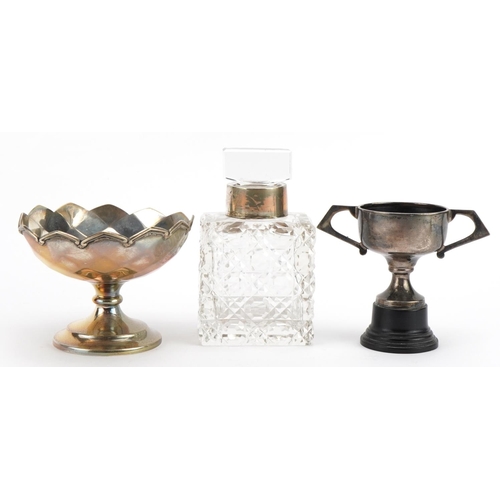 1849 - Silver objects comprising a pedestal bonbon dish, miniature twin handled trophy and cut glass scent ... 