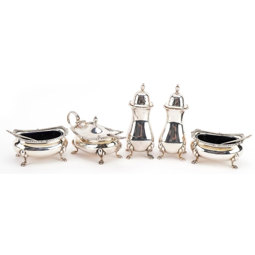 1813 - William Suckling Ltd, Elizabeth II silver five piece cruet with blue glass liners, Birmingham 1990, ... 