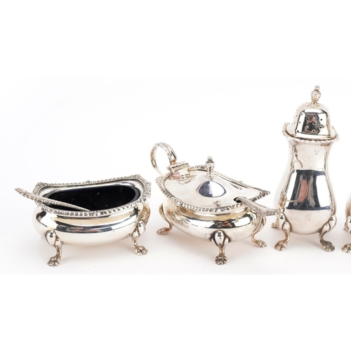 1813 - William Suckling Ltd, Elizabeth II silver five piece cruet with blue glass liners, Birmingham 1990, ... 