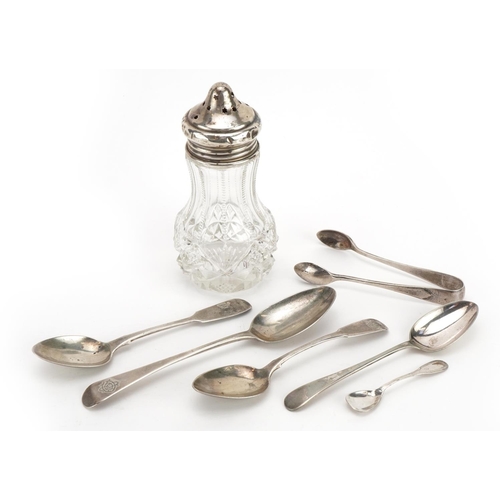 1848 - Georgian and later silver items including teaspoons, sugar tongs and cut glass sifter with silver li... 