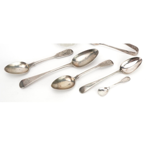 1848 - Georgian and later silver items including teaspoons, sugar tongs and cut glass sifter with silver li... 