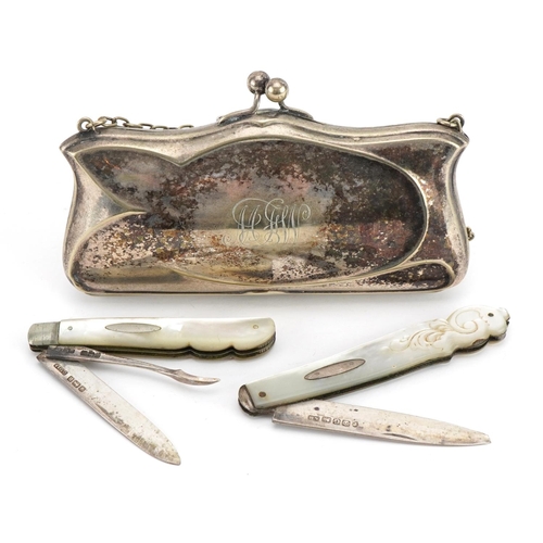 1816 - Two Victorian and later silver and mother of pearl flanked folding pocket knives and a silver plated... 