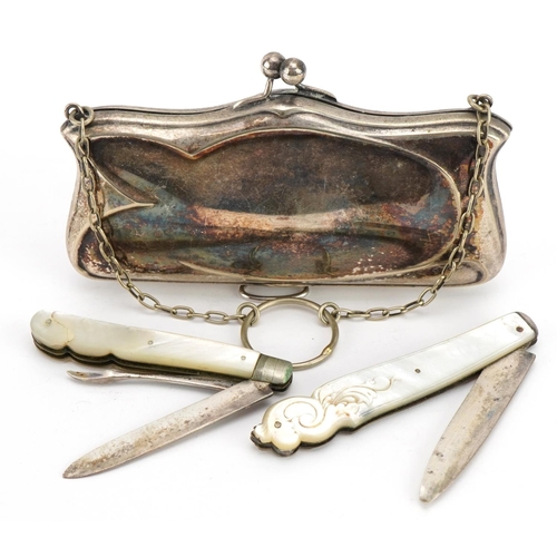 1816 - Two Victorian and later silver and mother of pearl flanked folding pocket knives and a silver plated... 