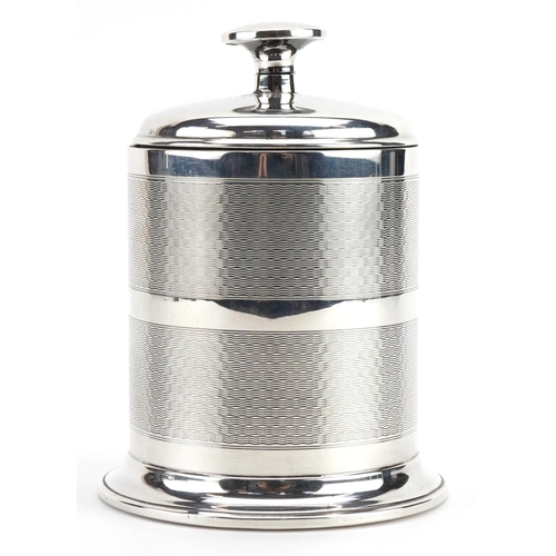 1804 - Joseph Gloster Ltd, Art Deco cylindrical silver cigarette dispenser with engine turned decoration, B... 