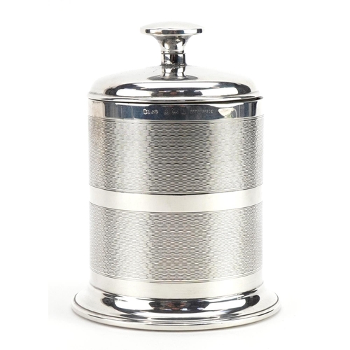 1804 - Joseph Gloster Ltd, Art Deco cylindrical silver cigarette dispenser with engine turned decoration, B... 