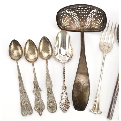 1861 - Antique and later silver cutlery including a Dutch silver straining spoon, Chinese sterling silver s... 