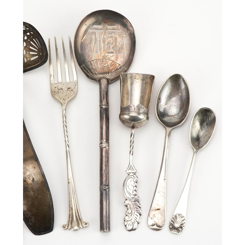 1861 - Antique and later silver cutlery including a Dutch silver straining spoon, Chinese sterling silver s... 