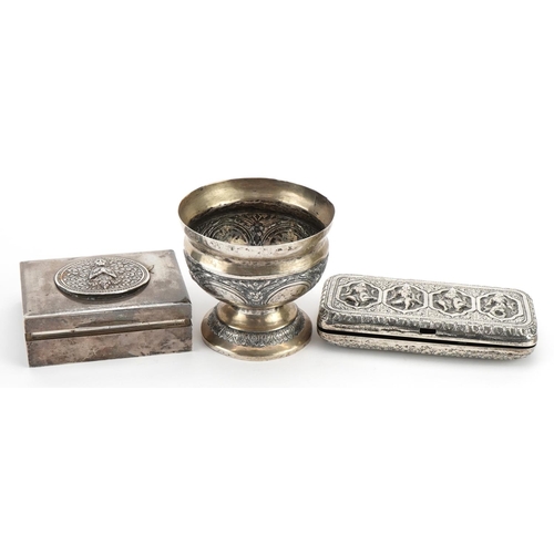 1857 - Indian silver and white metal objects comprising a 925 sterling cigarette box, pedestal bowl and cig... 