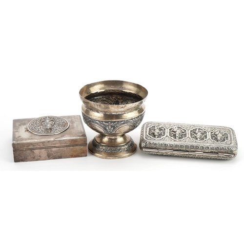 1857 - Indian silver and white metal objects comprising a 925 sterling cigarette box, pedestal bowl and cig... 