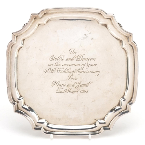 1802 - Asprey & Co Ltd, Elizabeth II silver four footed salver, Sheffield 1990, 19cm x 19cm, 343.0g