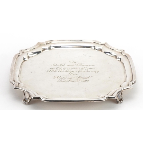 1802 - Asprey & Co Ltd, Elizabeth II silver four footed salver, Sheffield 1990, 19cm x 19cm, 343.0g