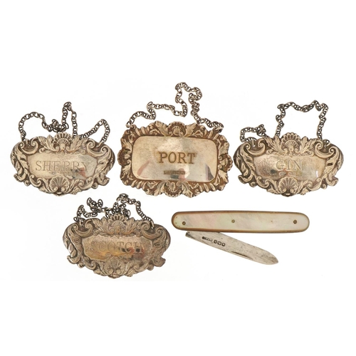 1824 - Four silver decanter labels and a silver and mother of pearl folding pocket knife, the largest 7cm i... 