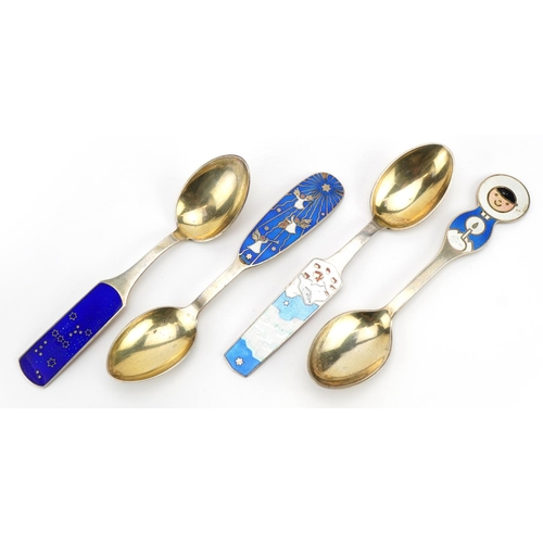 1833 - A. Michelsen, set of four Danish silver gilt and enamel Christmas spoons, 16cm in length, 185.2g