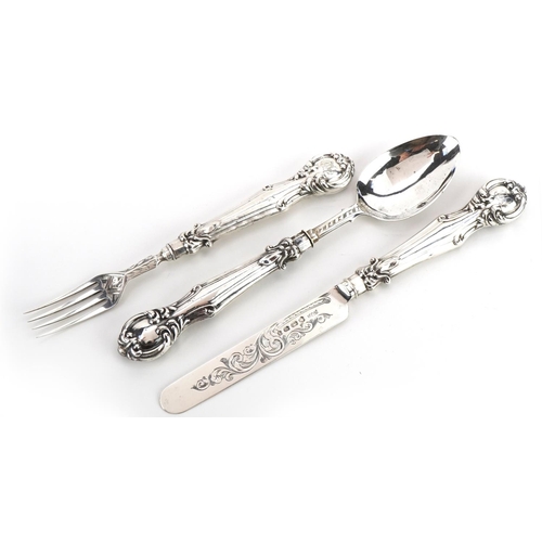 1829 - Hilliard & Thomason, Victorian silver knife, fork and spoon christening set, Birmingham 1868, the la... 