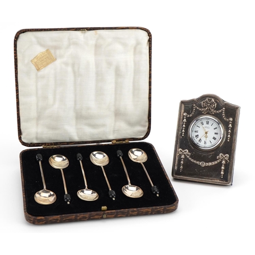 1870 - Carr's miniature silver easel clock and set of six silver coffee bean spoons with fitted case, the c... 