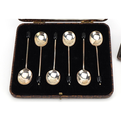 1870 - Carr's miniature silver easel clock and set of six silver coffee bean spoons with fitted case, the c... 