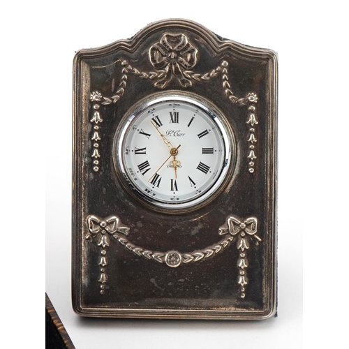 1870 - Carr's miniature silver easel clock and set of six silver coffee bean spoons with fitted case, the c... 