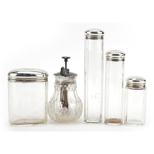 1847 - Four cut glass jars with silver lids and a Victorian cut glass atomiser with silver coloured metal l... 