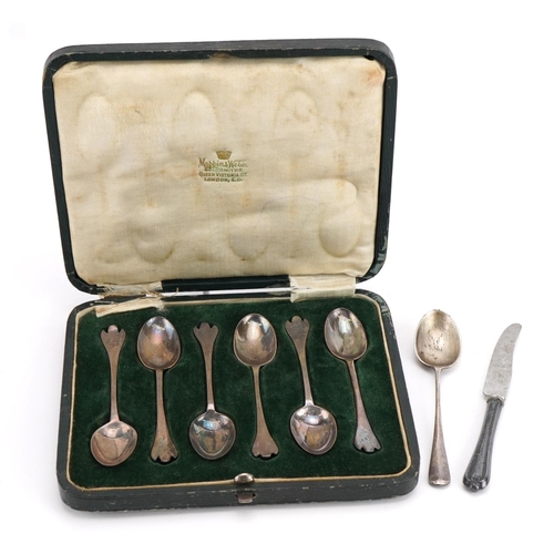 1872 - Silver cutlery including set of six silver teaspoons housed in a Mappin & Webb fitted case, weighabl... 