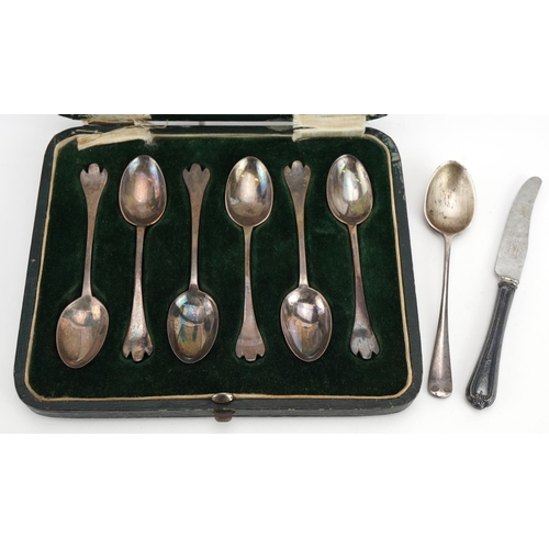 1872 - Silver cutlery including set of six silver teaspoons housed in a Mappin & Webb fitted case, weighabl... 