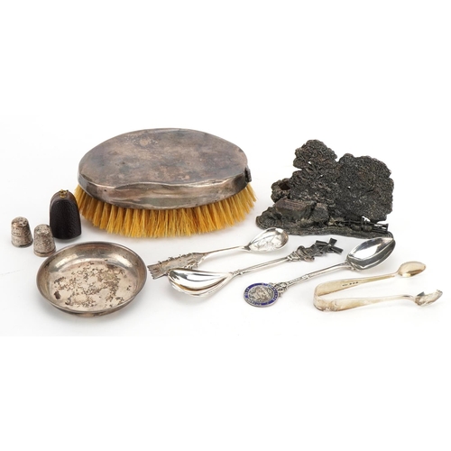 1874 - Silver and white metal objects including a silver backed clothes brush, thimbles, teaspoons and a Si... 