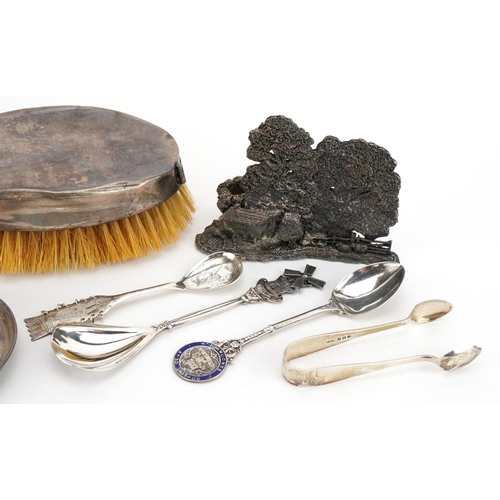 1874 - Silver and white metal objects including a silver backed clothes brush, thimbles, teaspoons and a Si... 