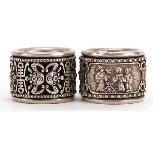 1838 - Two Chinese white metal archer rings with rotating bands, marked 925, size Z, 78.0g