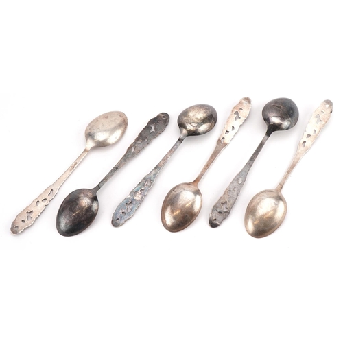 1830 - Norwegian 830S silver teaspoons with pierced terminals, 11.5cm in length, 63.0g