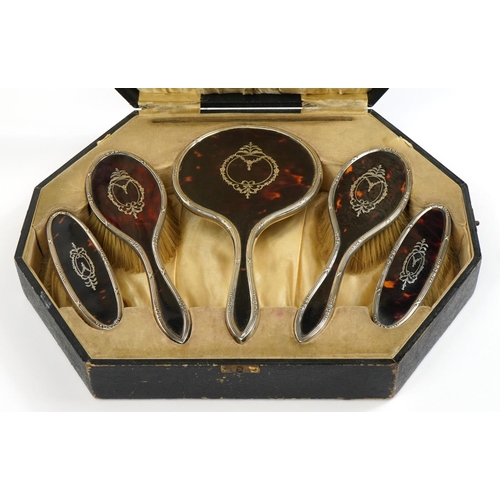 1876 - Hasset & Harper Ltd, George V silver and tortoiseshell pique work five piece dressing table set hous... 