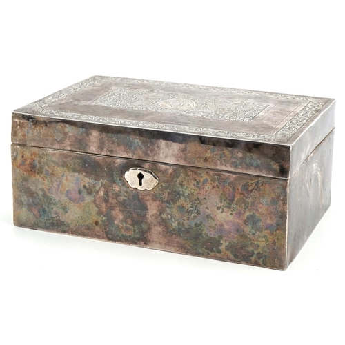 1812 - Large unmarked silver casket with hinged lid, 9cm H x 21cm W x 13.5cm D, 1344.0g