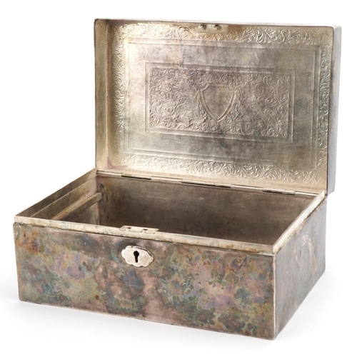 1812 - Large unmarked silver casket with hinged lid, 9cm H x 21cm W x 13.5cm D, 1344.0g