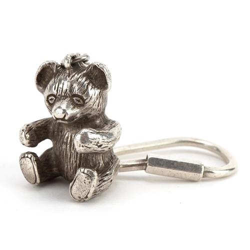 1823 - Novelty silver teddy bear keyring, indistinct marks, 9cm in length, 22.3g