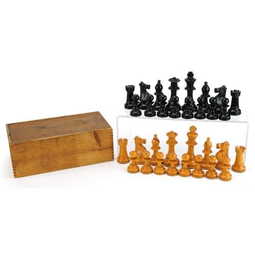 1405 - Manner of Jaques, boxwood and ebonised Staunton pattern chess set with velvet lined box, the largest... 